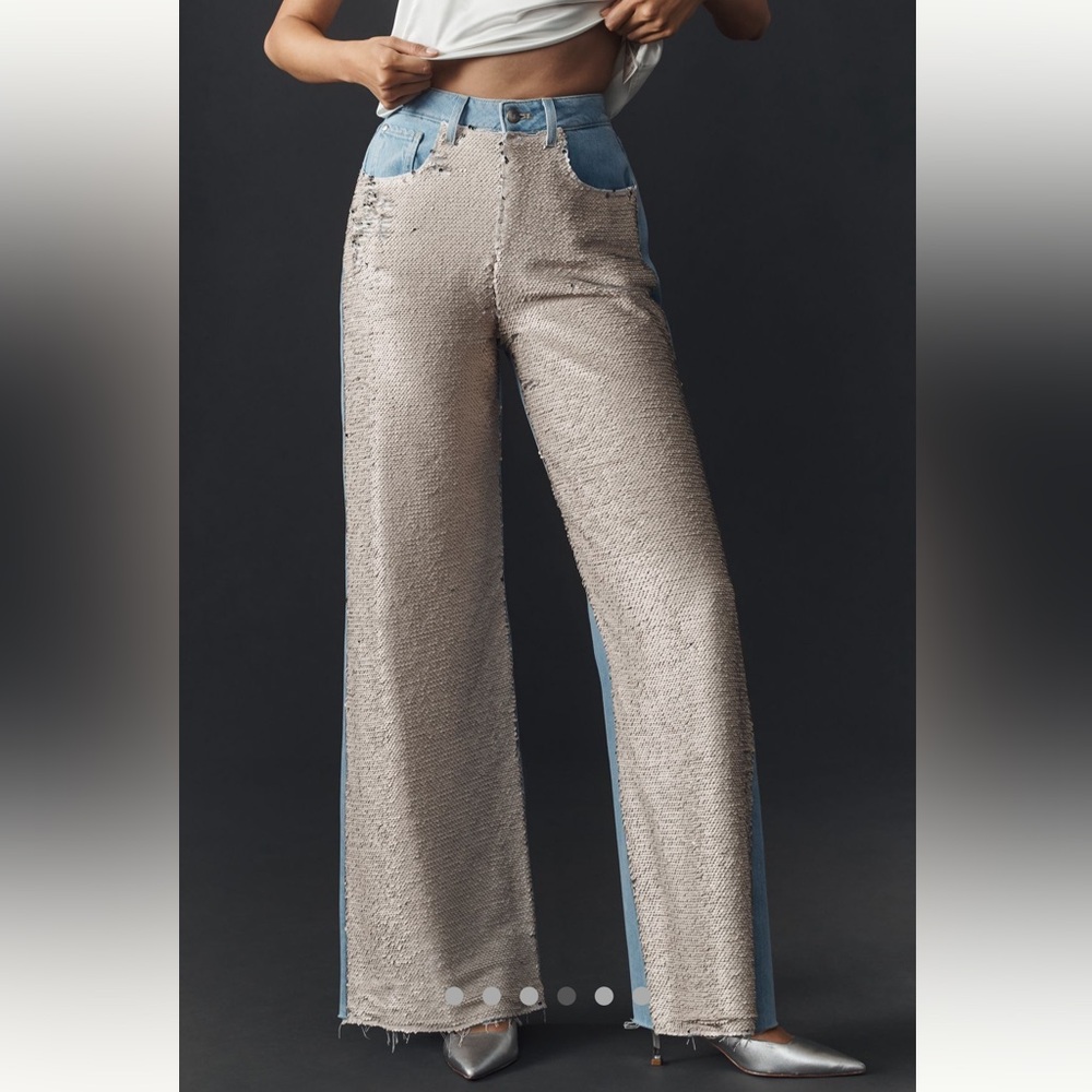 NWT-Yahoo 🤠Anthropologie Pilcro Sequin  Blue and Cream Wide leg jeans